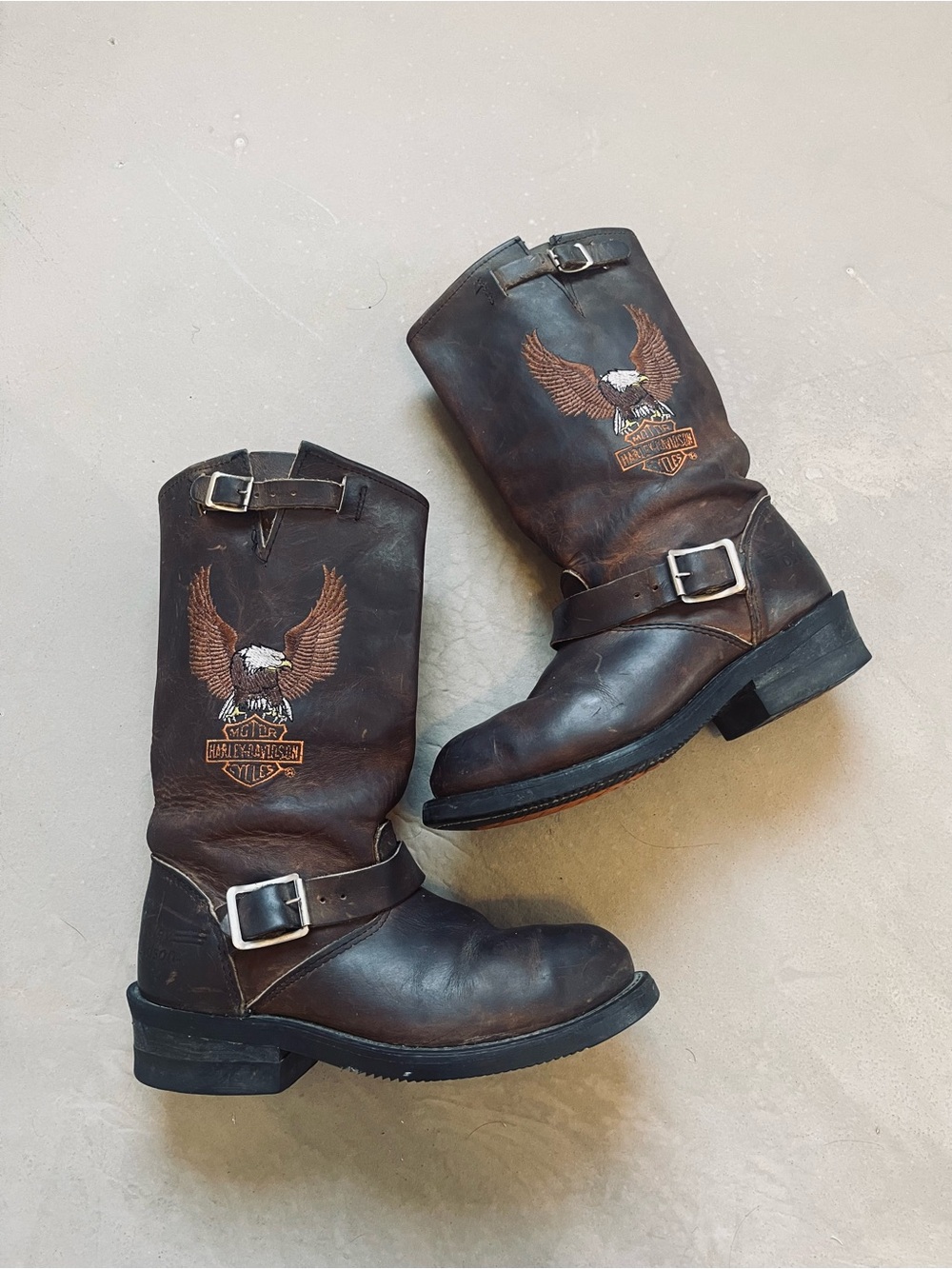 Harley Davidson Vintage Embroidered Eagle Logo Brown Leather Biker Boots 6.5